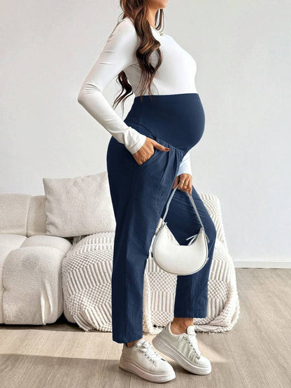 Maternity Tapered Pants - Adjustable Ultra High Waist, Apricot, Daily Commute