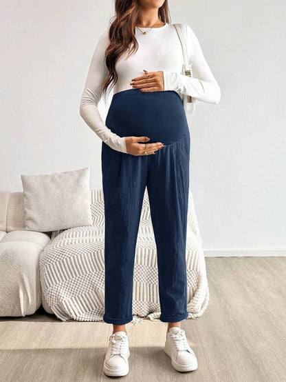 Maternity Tapered Pants - Adjustable Ultra High Waist, Apricot, Daily Commute