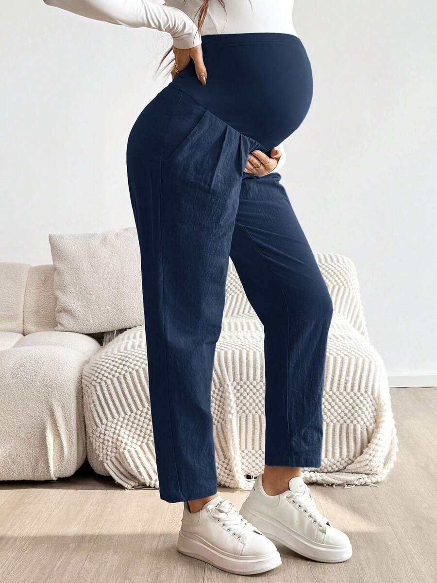 Pink Ultra High Waist Pleated Maternity Pants – 100% Cotton Tapered Trousers with Elastic Waist and Pockets for Casual & Semi-Formal Wear