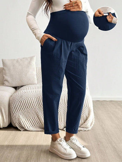 Pink Ultra High Waist Pleated Maternity Pants – 100% Cotton Tapered Trousers with Elastic Waist and Pockets for Casual & Semi-Formal Wear