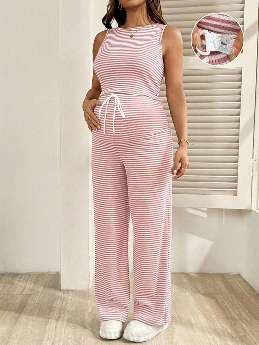2-Piece Striped Maternity Camisole and Pants Set - Brown Slim Fit Sleeveless Top and Long Drawstring Pants Terno Outfit