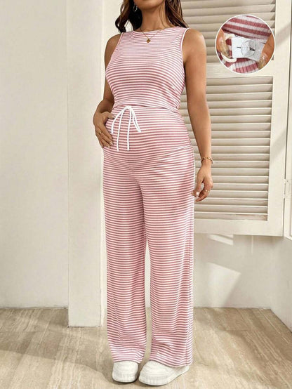 2-Piece Striped Maternity Camisole and Pants Set - Brown Slim Fit Sleeveless Top and Long Drawstring Pants Terno Outfit