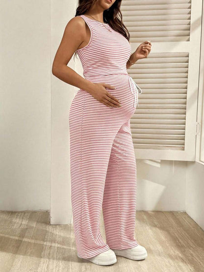 2-Piece Striped Maternity Camisole and Pants Set - Brown Slim Fit Sleeveless Top and Long Drawstring Pants Terno Outfit