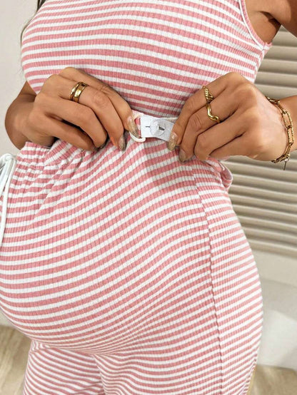 2-Piece Striped Maternity Camisole and Pants Set - Brown Slim Fit Sleeveless Top and Long Drawstring Pants Terno Outfit