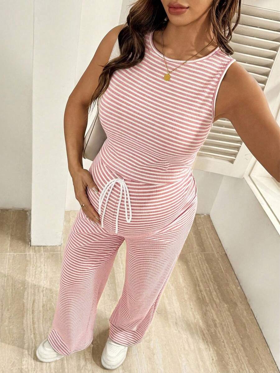 2-Piece Striped Maternity Camisole and Pants Set - Brown Slim Fit Sleeveless Top and Long Drawstring Pants Terno Outfit