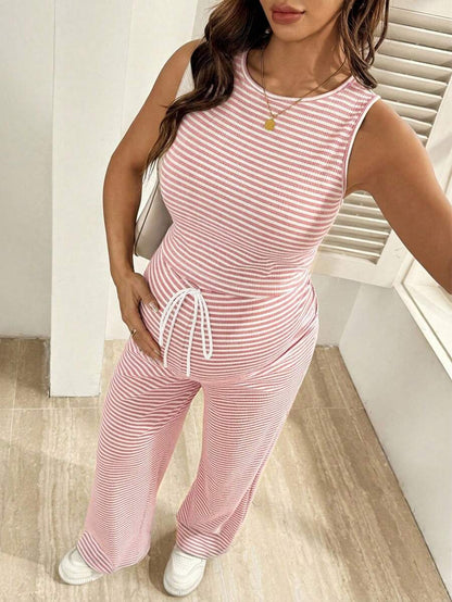 2-Piece Striped Maternity Camisole and Pants Set - Brown Slim Fit Sleeveless Top and Long Drawstring Pants Terno Outfit