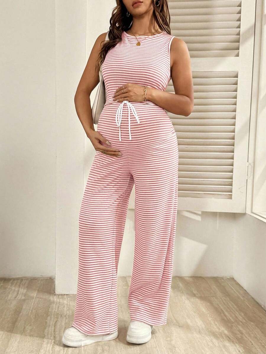 2-Piece Striped Maternity Camisole and Pants Set - Brown Slim Fit Sleeveless Top and Long Drawstring Pants Terno Outfit