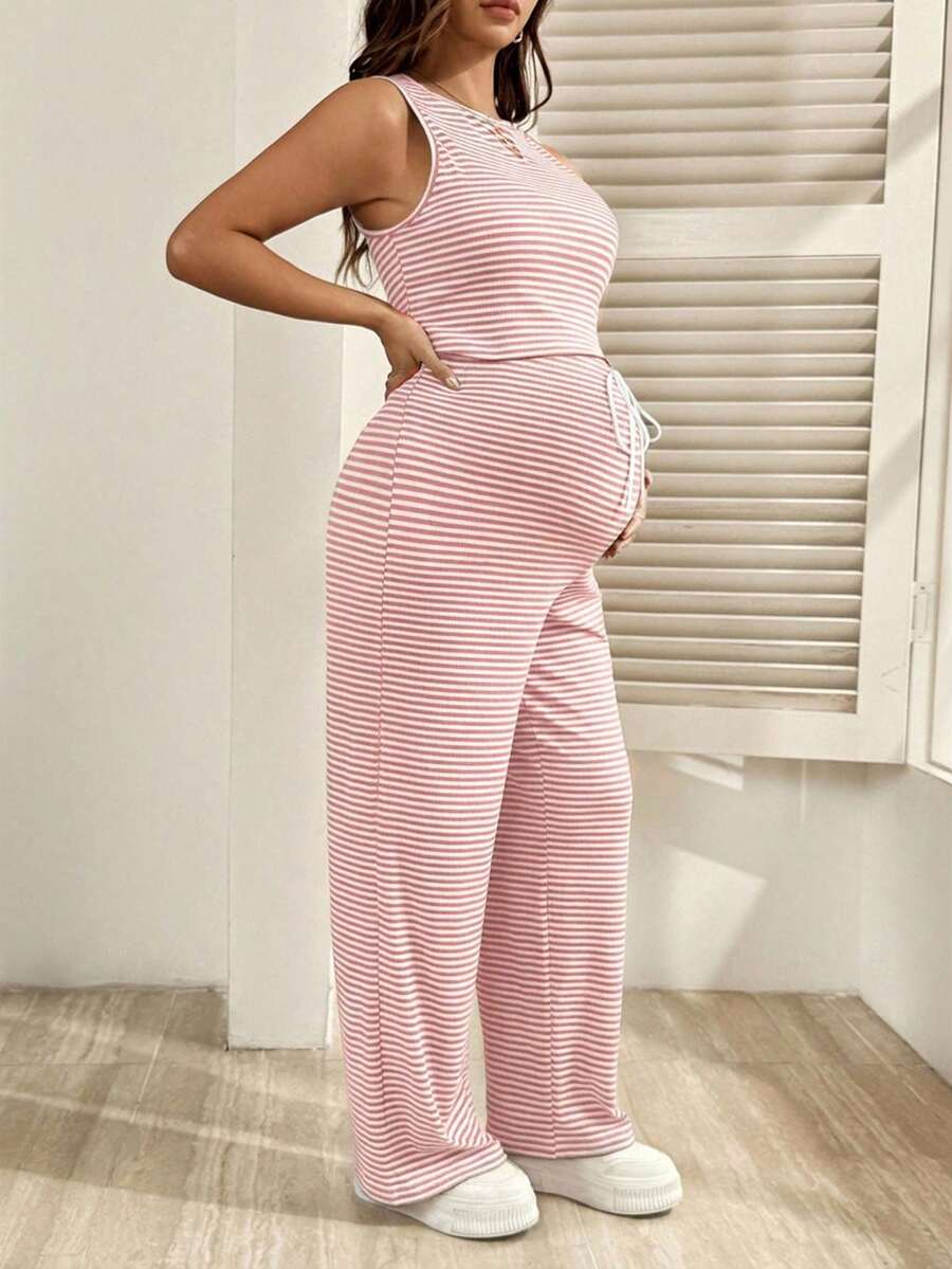 2-Piece Striped Maternity Camisole and Pants Set - Brown Slim Fit Sleeveless Top and Long Drawstring Pants Terno Outfit