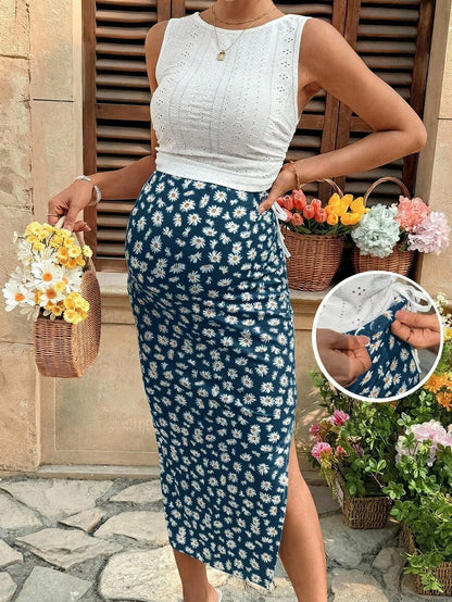 Maternity 2-Piece Set with Floral Embroidery Tank Top and Daisy Print Midi Skirt for Beach Vacation and Casual Summer Wear