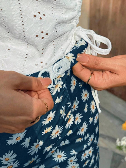 Maternity 2-Piece Set with Floral Embroidery Tank Top and Daisy Print Midi Skirt for Beach Vacation and Casual Summer Wear