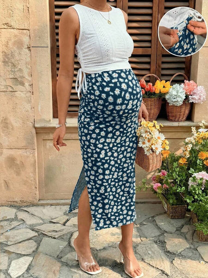 Maternity 2-Piece Set with Floral Embroidery Tank Top and Daisy Print Midi Skirt for Beach Vacation and Casual Summer Wear