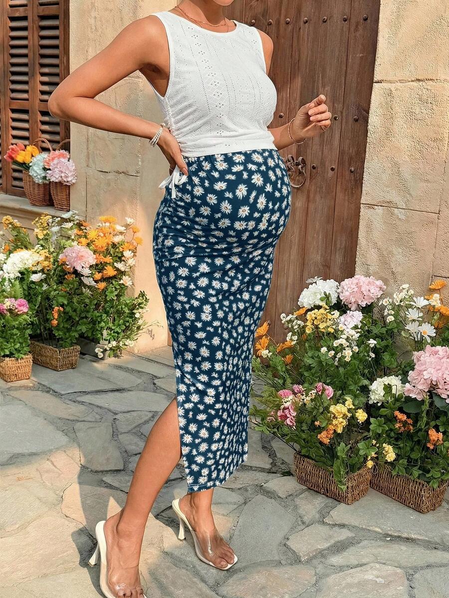 Maternity 2-Piece Set with Floral Embroidery Tank Top and Daisy Print Midi Skirt for Beach Vacation and Casual Summer Wear