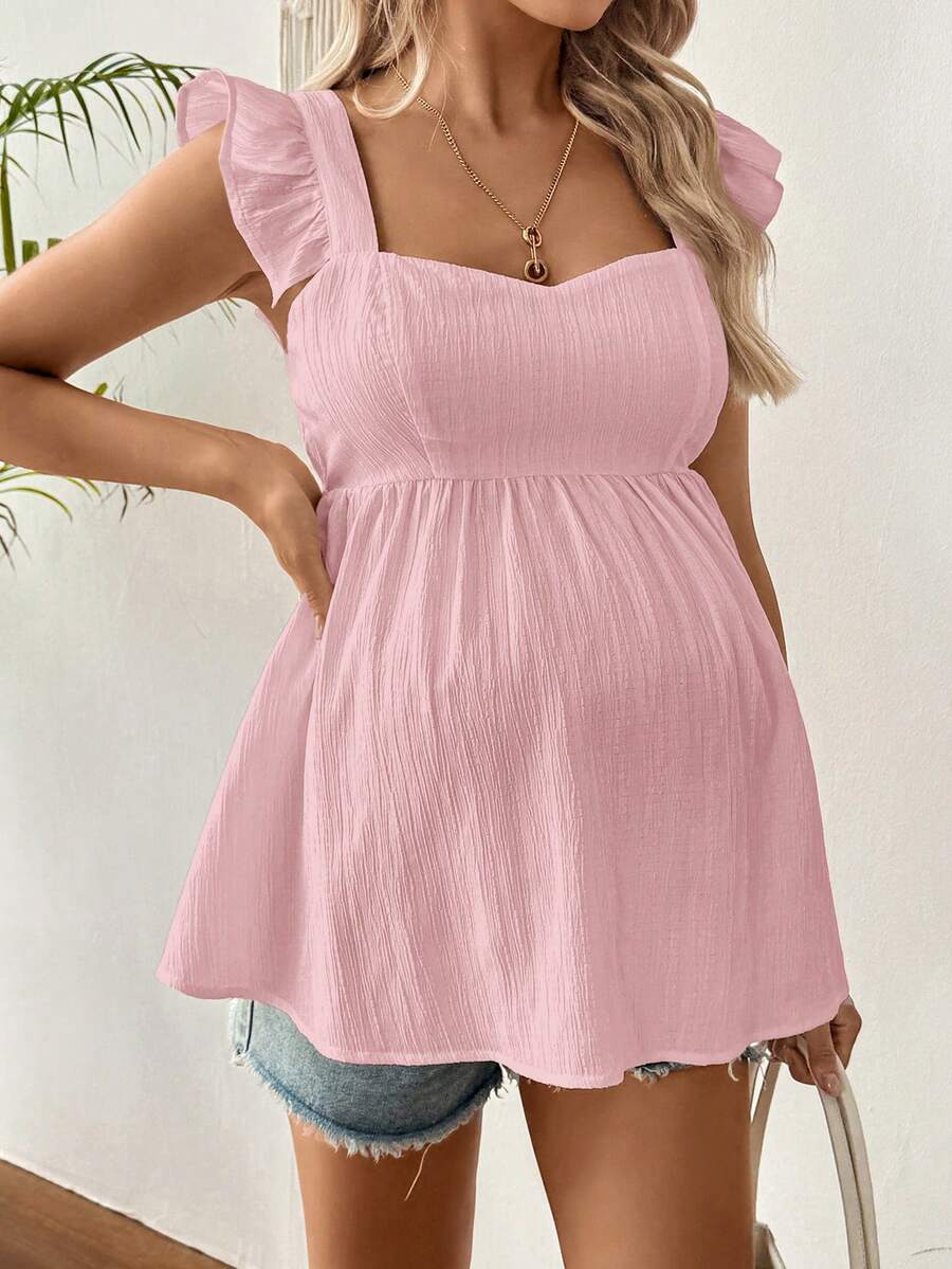 Maternity Summer Casual Textured Peplum Shirt with Ruffle Trim Sleeveless Baby Blue Flared Maternity Top