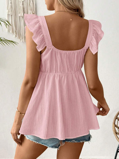 White Sleeveless Peplum Maternity Blouse Slim Fit Flounce Strap Neckline Flared Hem Long Length Woven Polyester Top