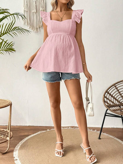 White Sleeveless Peplum Maternity Blouse Slim Fit Flounce Strap Neckline Flared Hem Long Length Woven Polyester Top