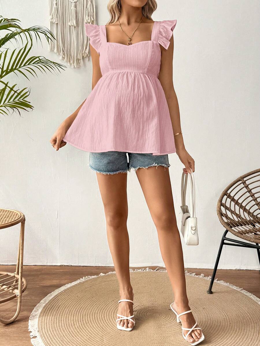 Maternity Summer Casual Textured Peplum Shirt with Ruffle Trim Sleeveless Baby Blue Flared Maternity Top