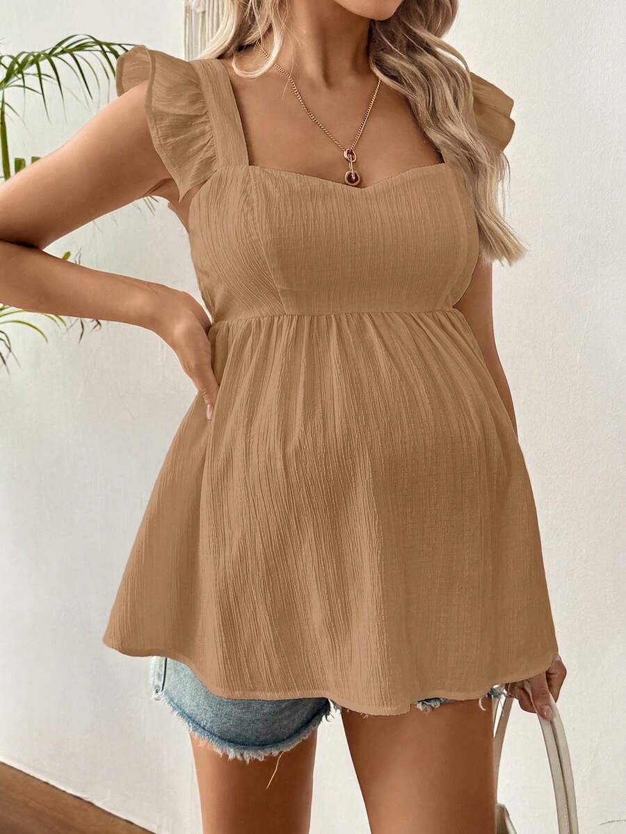 Black Ruffle Sleeveless Maternity Blouse - Slim Fit Flounce Sleeve Peplum Top for Casual Daily Wear and Summer Outfits