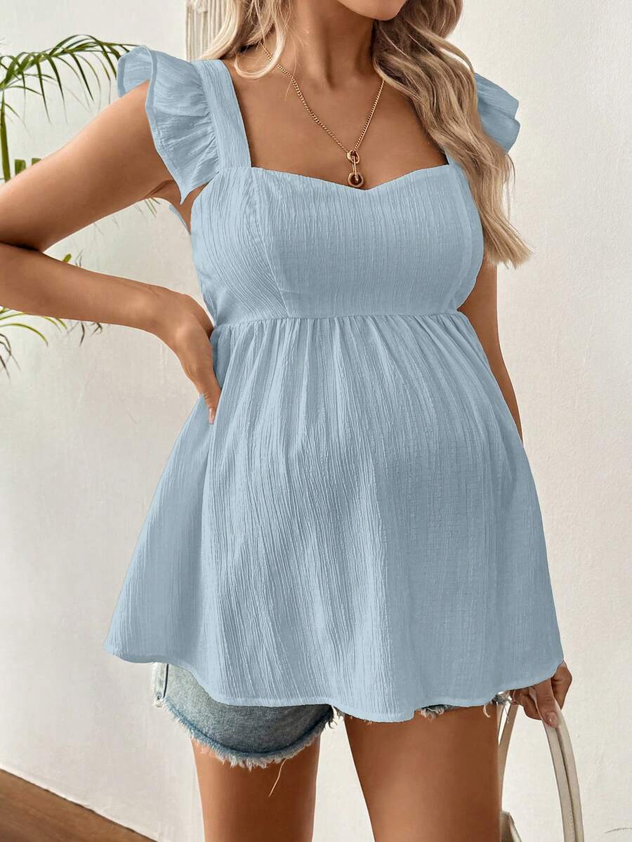 Black Ruffle Sleeveless Maternity Blouse - Slim Fit Flounce Sleeve Peplum Top for Casual Daily Wear and Summer Outfits