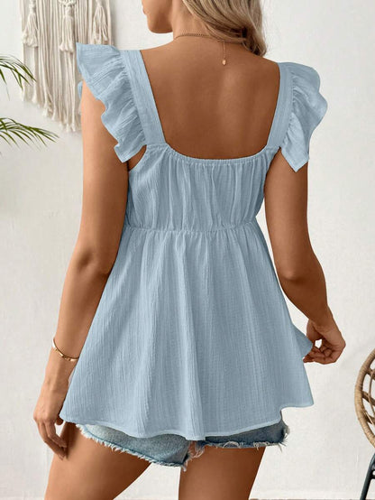 Maternity Summer Casual Textured Peplum Shirt with Ruffle Trim Sleeveless Baby Blue Flared Maternity Top