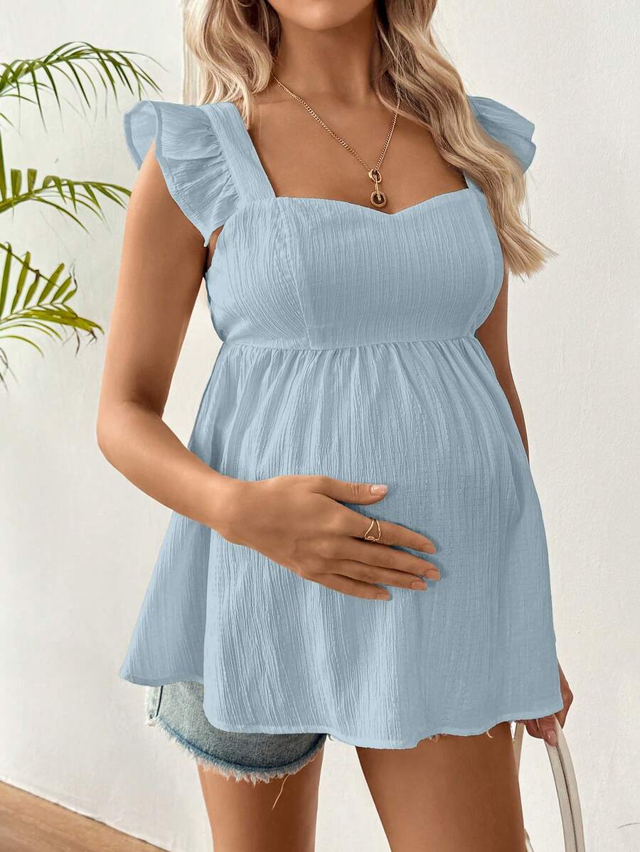 Black Ruffle Sleeveless Maternity Blouse - Slim Fit Flounce Sleeve Peplum Top for Casual Daily Wear and Summer Outfits