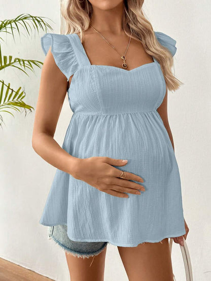Maternity Summer Casual Textured Peplum Shirt with Ruffle Trim Sleeveless Baby Blue Flared Maternity Top