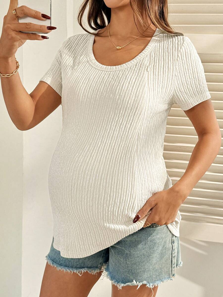 Maternity Nursing T-Shirt Bodysuit in Apricot Round Neck Short Sleeve Summer Pregnant Top with Functional Zipper Detail for Casual Night Out