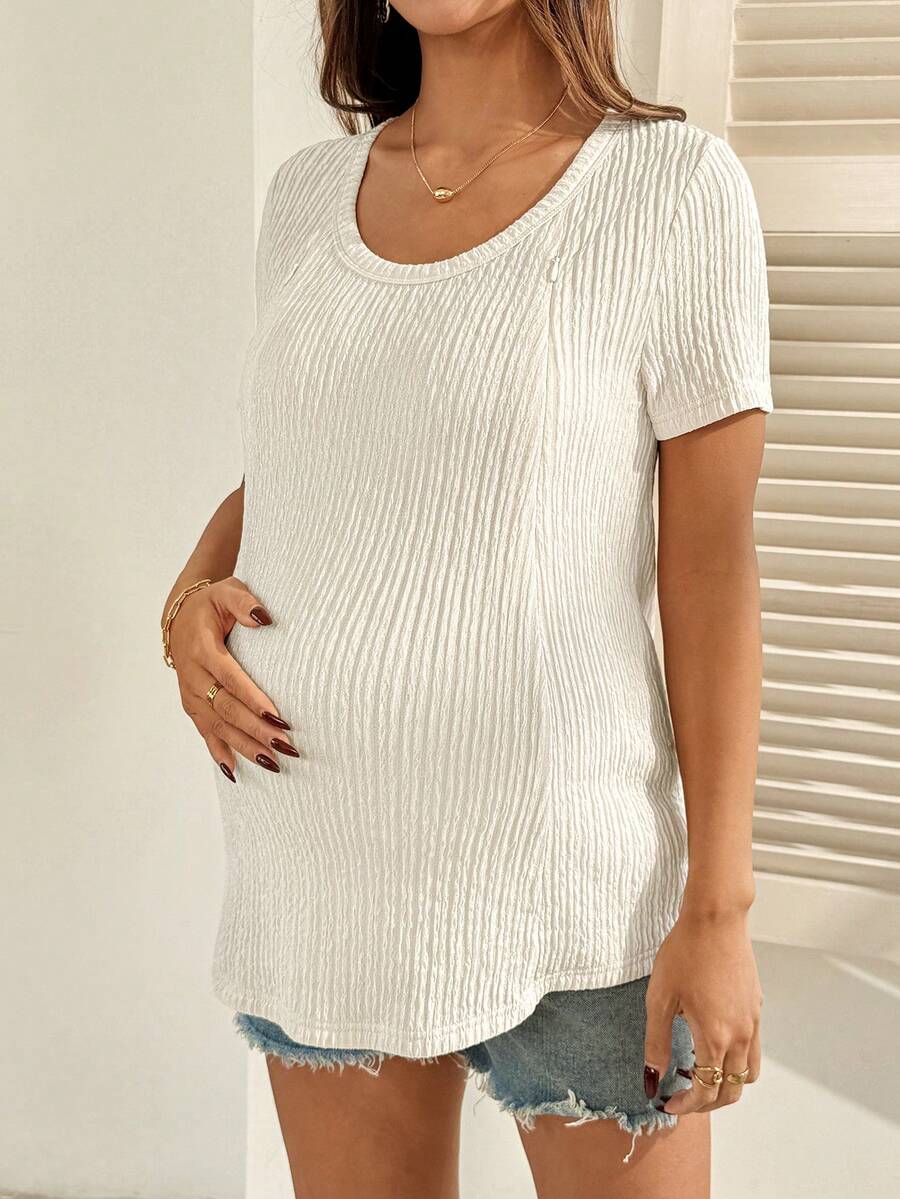 Maternity Nursing T-Shirt Bodysuit in Apricot Round Neck Short Sleeve Summer Pregnant Top with Functional Zipper Detail for Casual Night Out