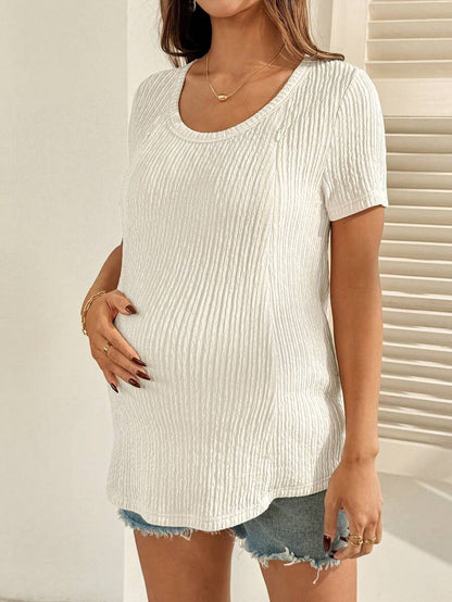 Maternity Nursing T-Shirt Bodysuit in Apricot Round Neck Short Sleeve Summer Pregnant Top with Functional Zipper Detail for Casual Night Out