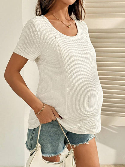 Maternity Nursing T-Shirt Bodysuit in Apricot Round Neck Short Sleeve Summer Pregnant Top with Functional Zipper Detail for Casual Night Out