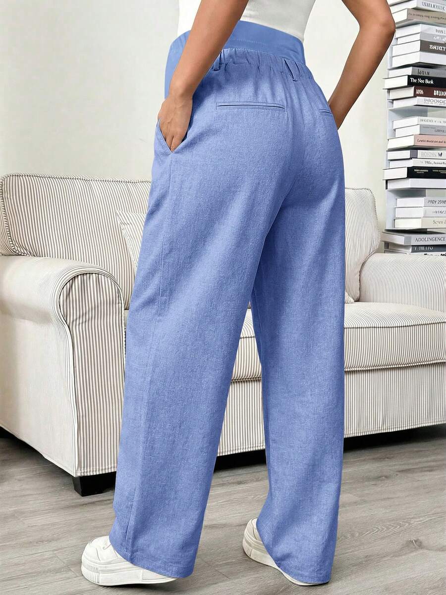 Maternity Tailored Pants - Adjustable Waist, Pocket, Loose Fit, Navy Blue