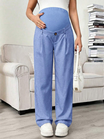 Maternity Tailored Pants - Adjustable Waist, Pocket, Loose Fit, Navy Blue