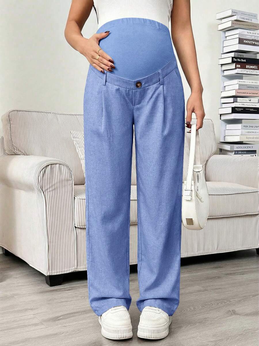 Maternity Tailored Office Pants - Adjustable Waist, Slant Pocket, Loose Fit, Khaki