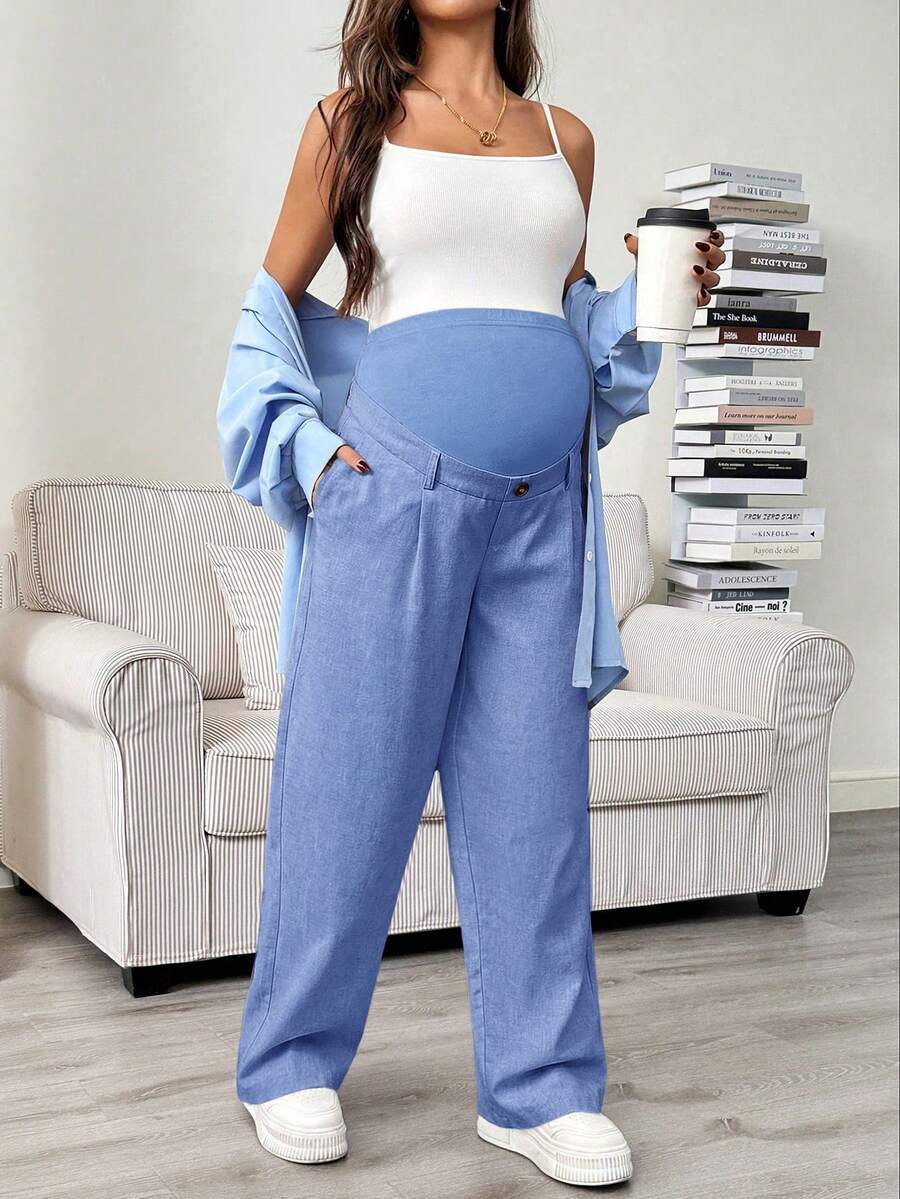 Maternity Tailored Office Pants - Adjustable Waist, Slant Pocket, Loose Fit, Khaki