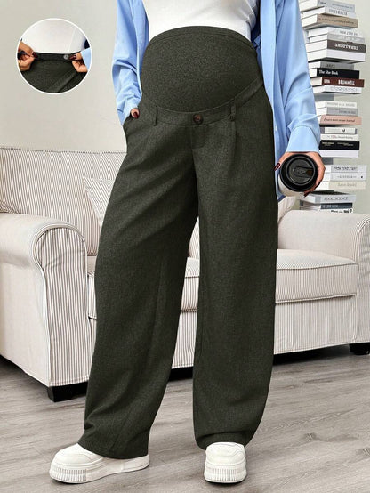 Maternity Tailored Office Pants - Adjustable Waist, Slant Pocket, Loose Fit, Khaki