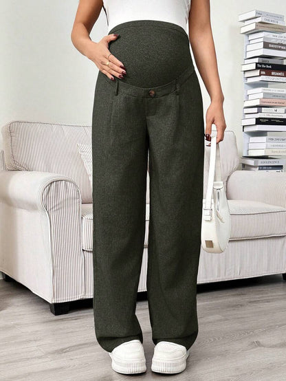 Maternity Tailored Pants - Adjustable Waist, Pocket, Loose Fit, Navy Blue