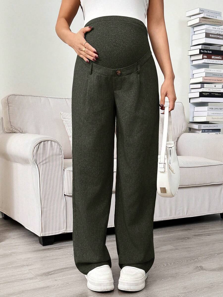 Maternity Tailored Office Pants - Adjustable Waist, Slant Pocket, Loose Fit, Khaki