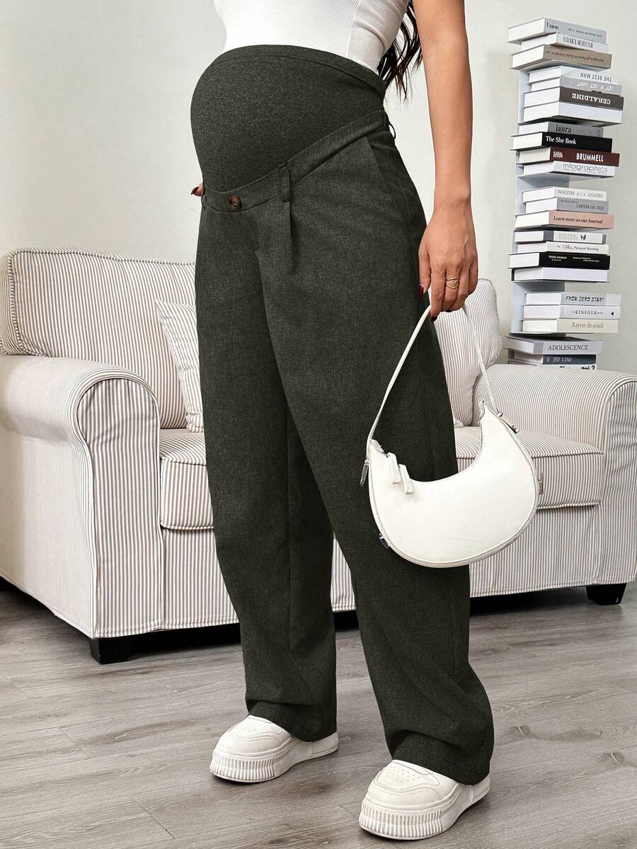 Maternity Tailored Office Pants - Adjustable Waist, Slant Pocket, Loose Fit, Khaki