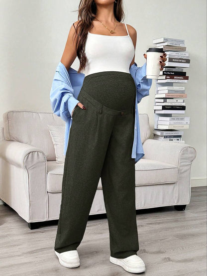 Maternity Tailored Pants - Adjustable Waist, Pocket, Loose Fit, Navy Blue