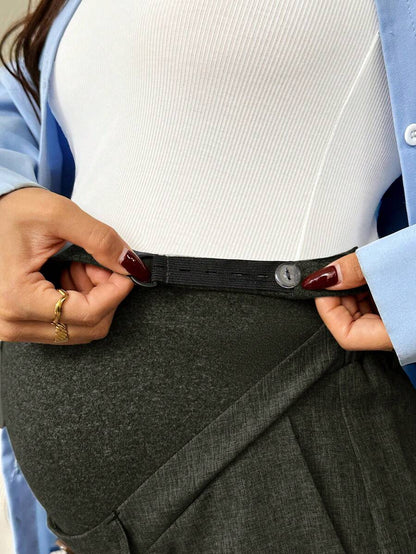 Maternity Tailored Office Pants - Adjustable Waist, Slant Pocket, Loose Fit, Khaki