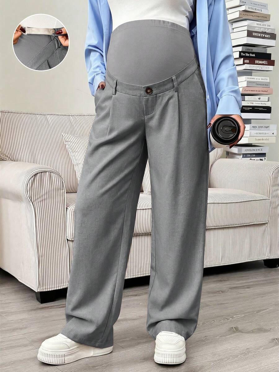 Maternity Tailored Pants - Adjustable Waist, Pocket, Loose Fit, Navy Blue