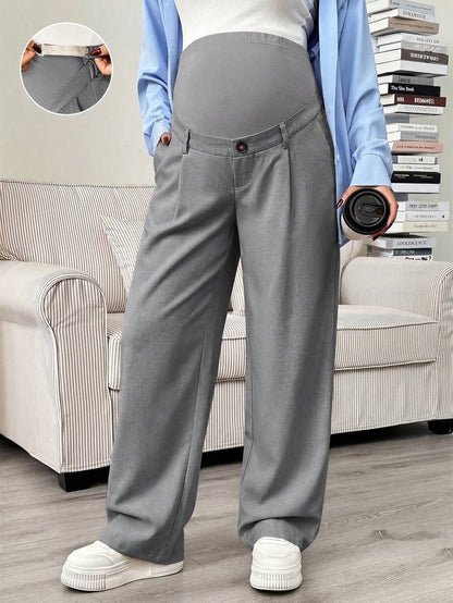 Maternity Tailored Office Pants - Adjustable Waist, Slant Pocket, Loose Fit, Khaki