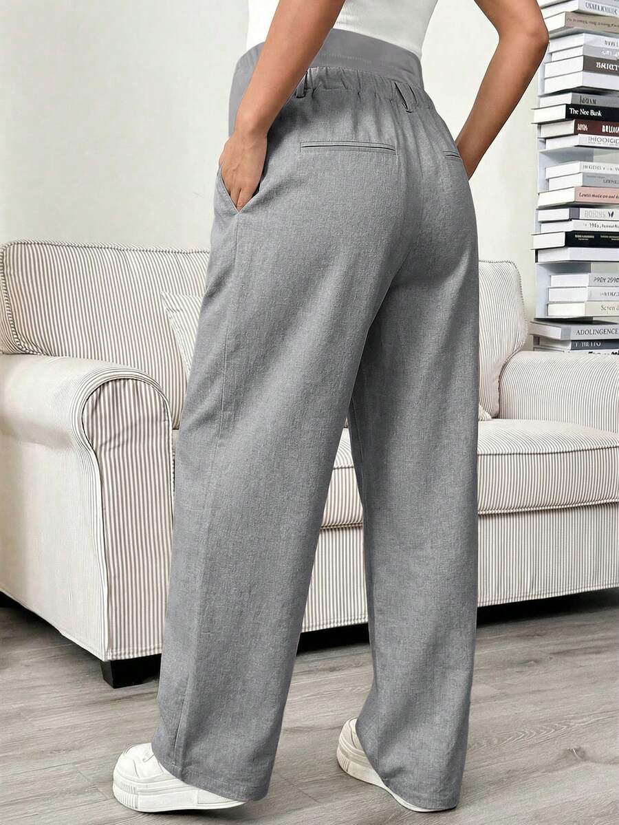 Maternity Tailored Pants - Adjustable Waist, Pocket, Loose Fit, Navy Blue