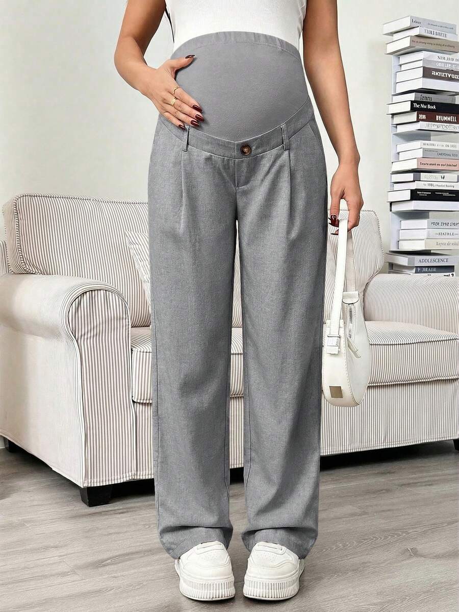 Maternity Tailored Pants - Adjustable Waist, Pocket, Loose Fit, Navy Blue