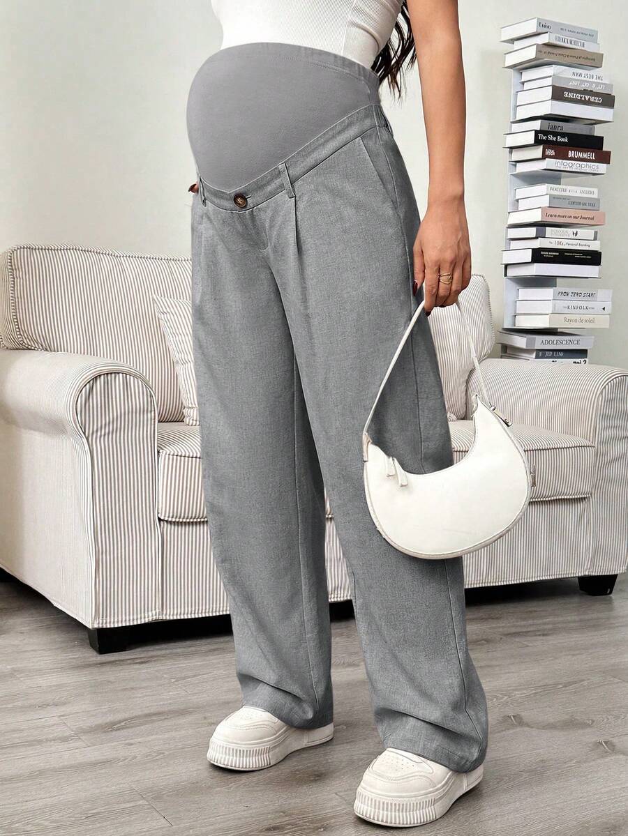 Maternity Tailored Office Pants - Adjustable Waist, Slant Pocket, Loose Fit, Khaki