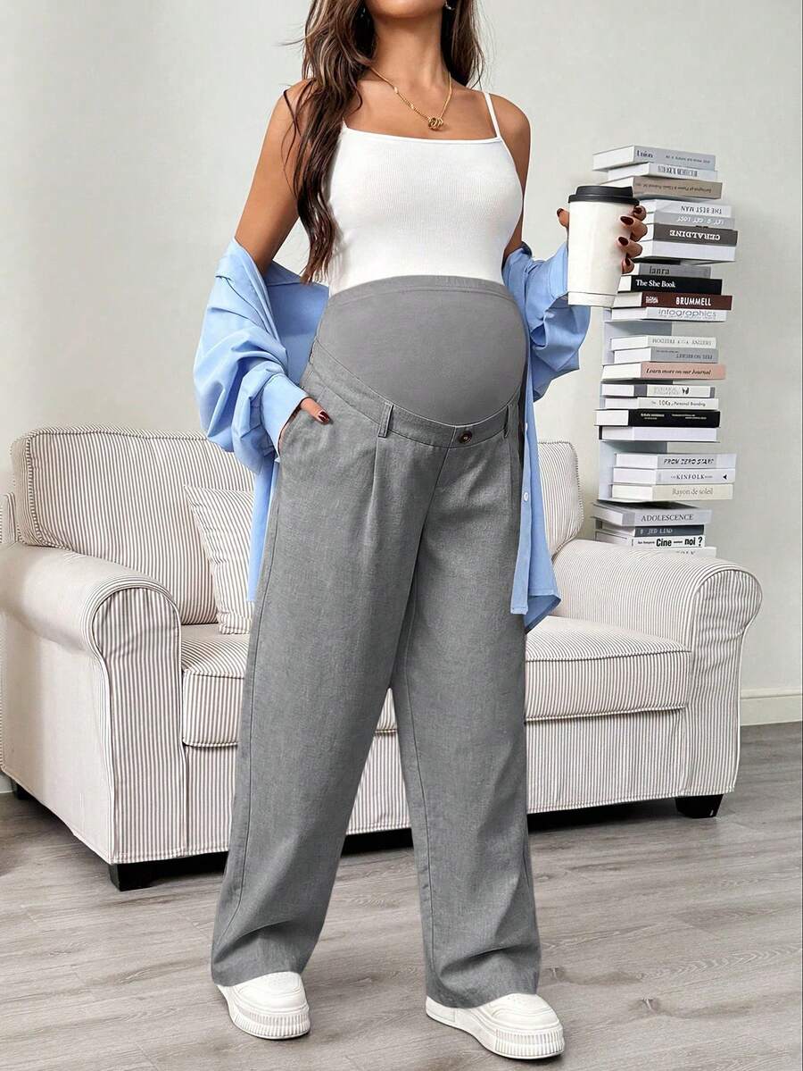 Maternity Tailored Pants - Adjustable Waist, Pocket, Loose Fit, Navy Blue