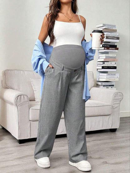 Maternity Tailored Office Pants - Adjustable Waist, Slant Pocket, Loose Fit, Khaki