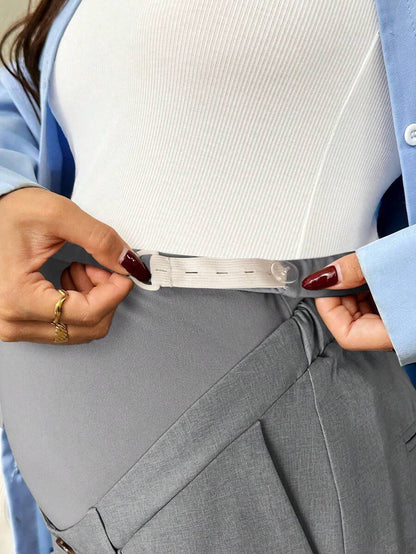 Maternity Tailored Pants - Adjustable Waist, Pocket, Loose Fit, Navy Blue
