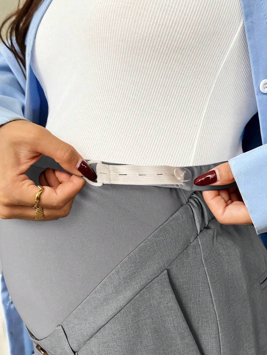 Maternity Tailored Office Pants - Adjustable Waist, Slant Pocket, Loose Fit, Khaki