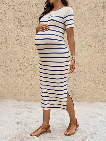 Maternity Striped Crew Neck Short Sleeve Midi Dress Casual Side Split Bodycon Dress for Summer and Evening Wear