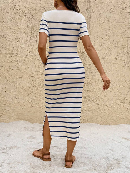 Maternity Striped Crew Neck Short Sleeve Midi Dress Casual Side Split Bodycon Dress for Summer and Evening Wear